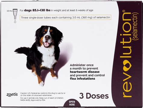 You should round the dosage your dog needs to the nearest half caplet increment. . Revolution for dogs 86 132 lbs